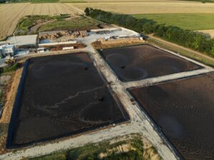 Modern biocomplex. Renewable energy from biomass. Innovative biogas plant. From a drone.