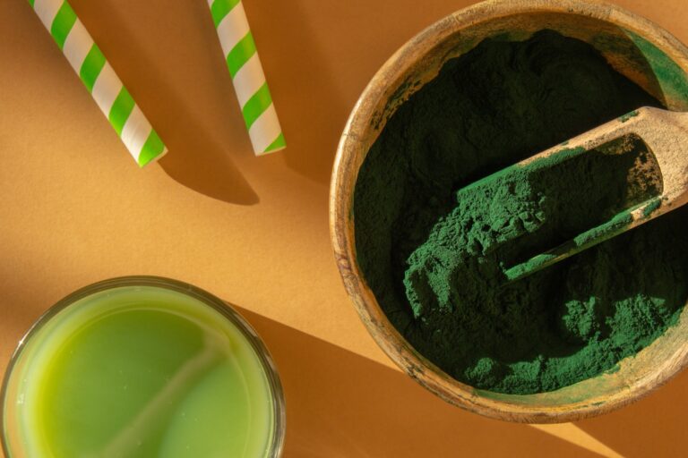 Blue-green algae Chlorella and spirulina powder. Super powder. Natural supplement of algae. Top view