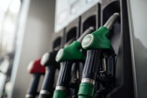 Different row of fuel pistols in auto service